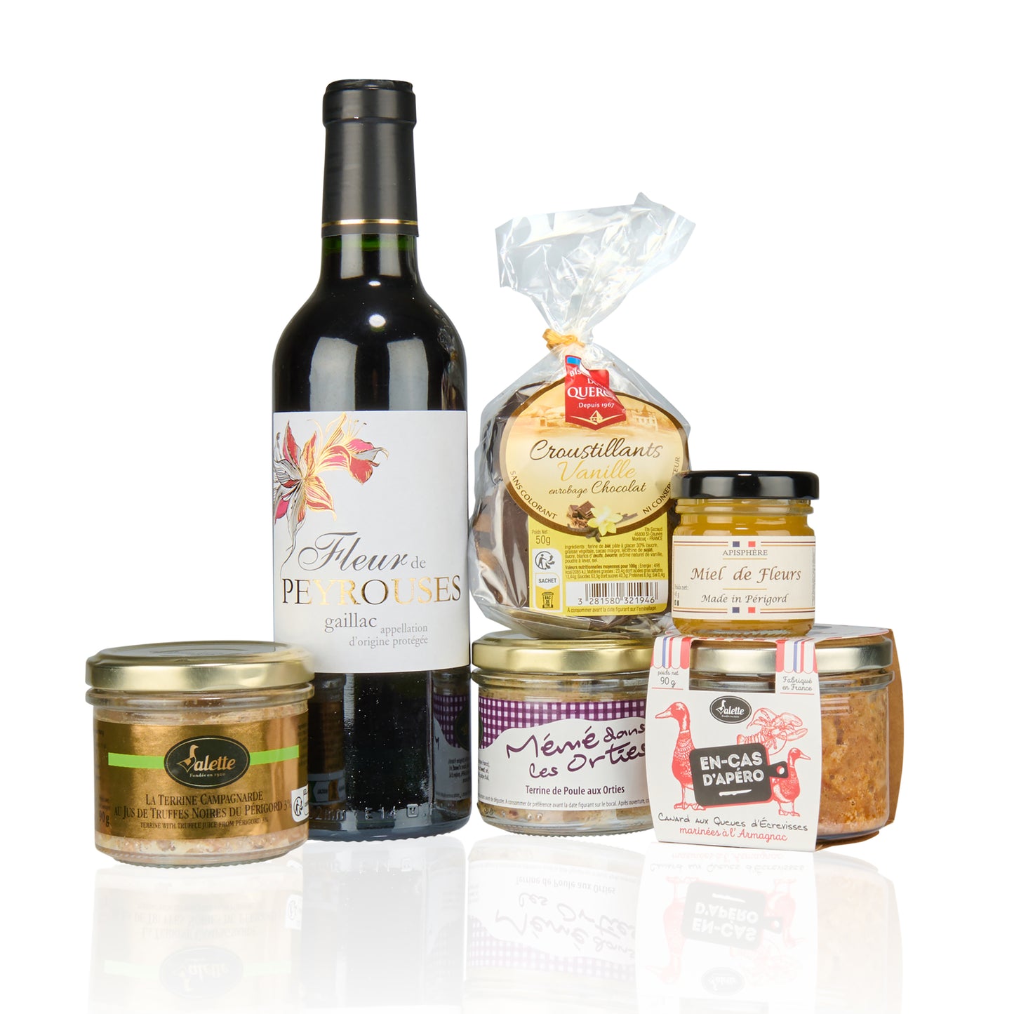 Coffret cadeau gourmandises du Périgord avec spécialités typiques et vins assortis dans un coffret cadeau élaboré