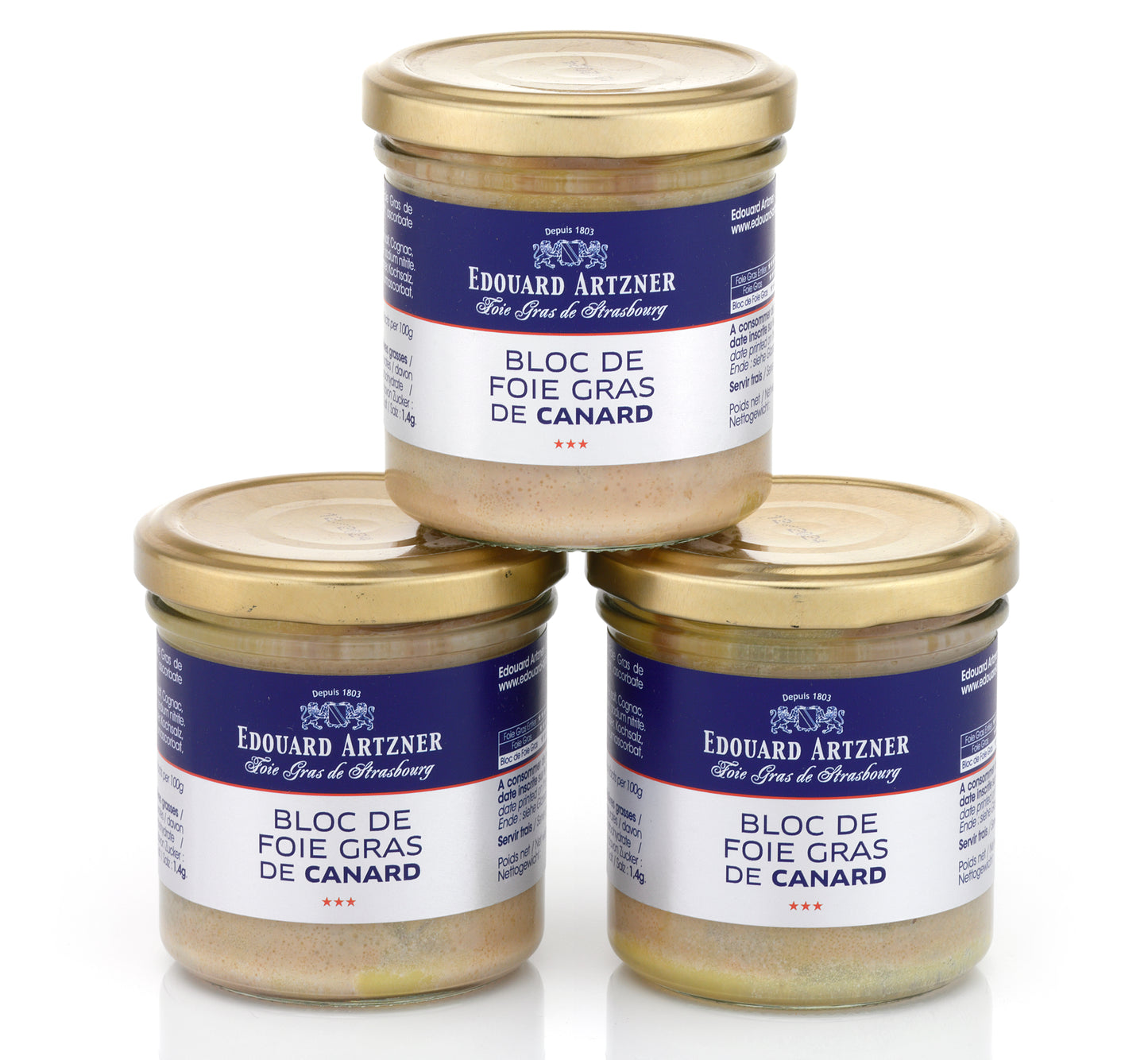 Confezione da 3 pezzi di foie gras d'anatra bloc de foie gras da 120 g. Dall'Alsazia di Artzner