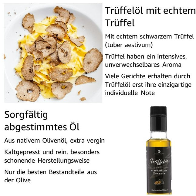 Truffle oil with real black truffle - based on extra virgin olive oil. For sauces and to refine dishes. Suitable for a vegan diet
