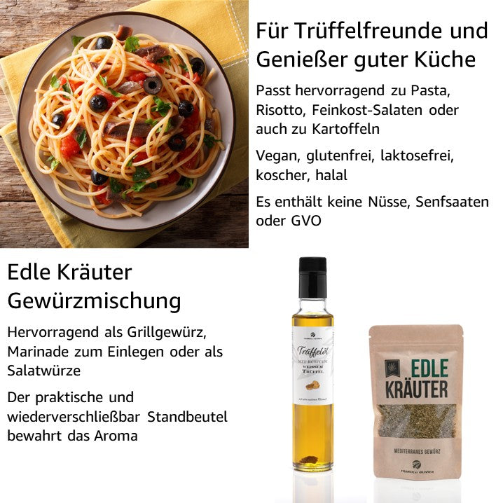 Echtes weißes Trüffelöl und Gewürzmischung "Edle Kräuter".