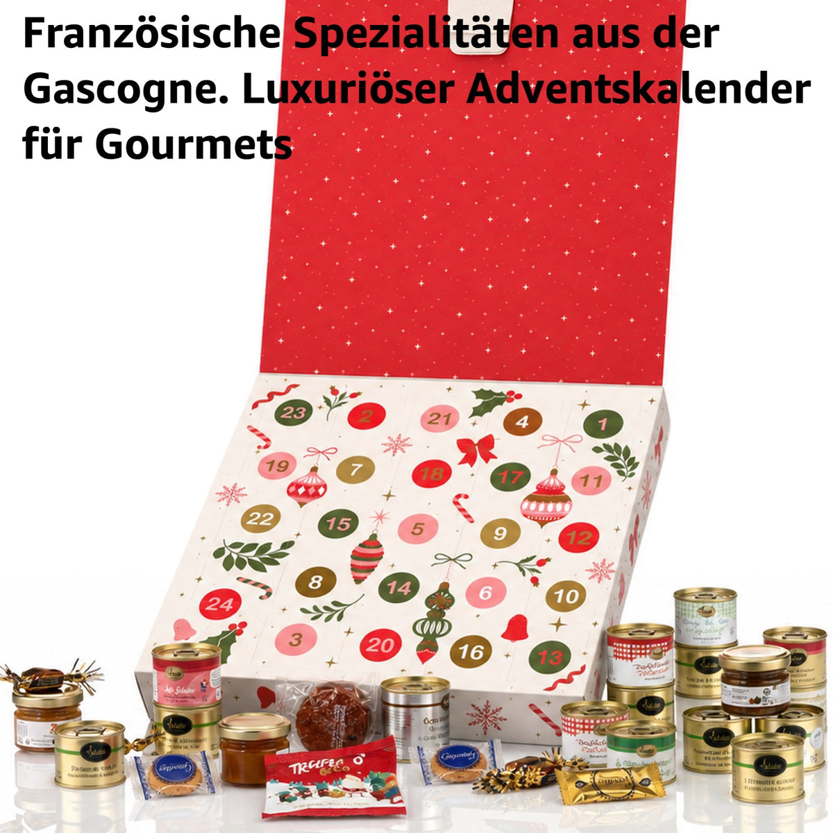 Aufgeklappter Adventskalender Périgord mit roter Deckelinnenseite, davor Dosen und Gläser; Text: Französische Spezialitäten aus der Gascogne