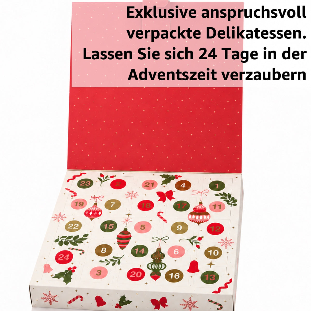 Geöffneter Adventskalender Périgord mit roter Deckelinnenseite und nummerierten Türchen; Text: exklusive Delikatessen für 24 Tage Adventszeit