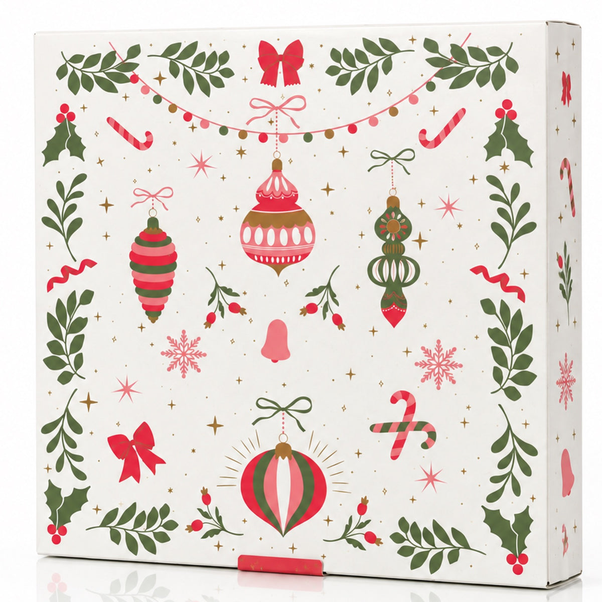 Geschlossener Adventskalender Périgord im weißen Karton mit Weihnachtskugeln, grünen Zweigen und Zuckerstangen als Motiv