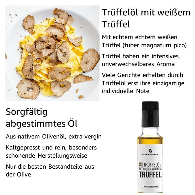Truffle oil with real white truffle - based on extra virgin olive oil. For sauces and to refine dishes