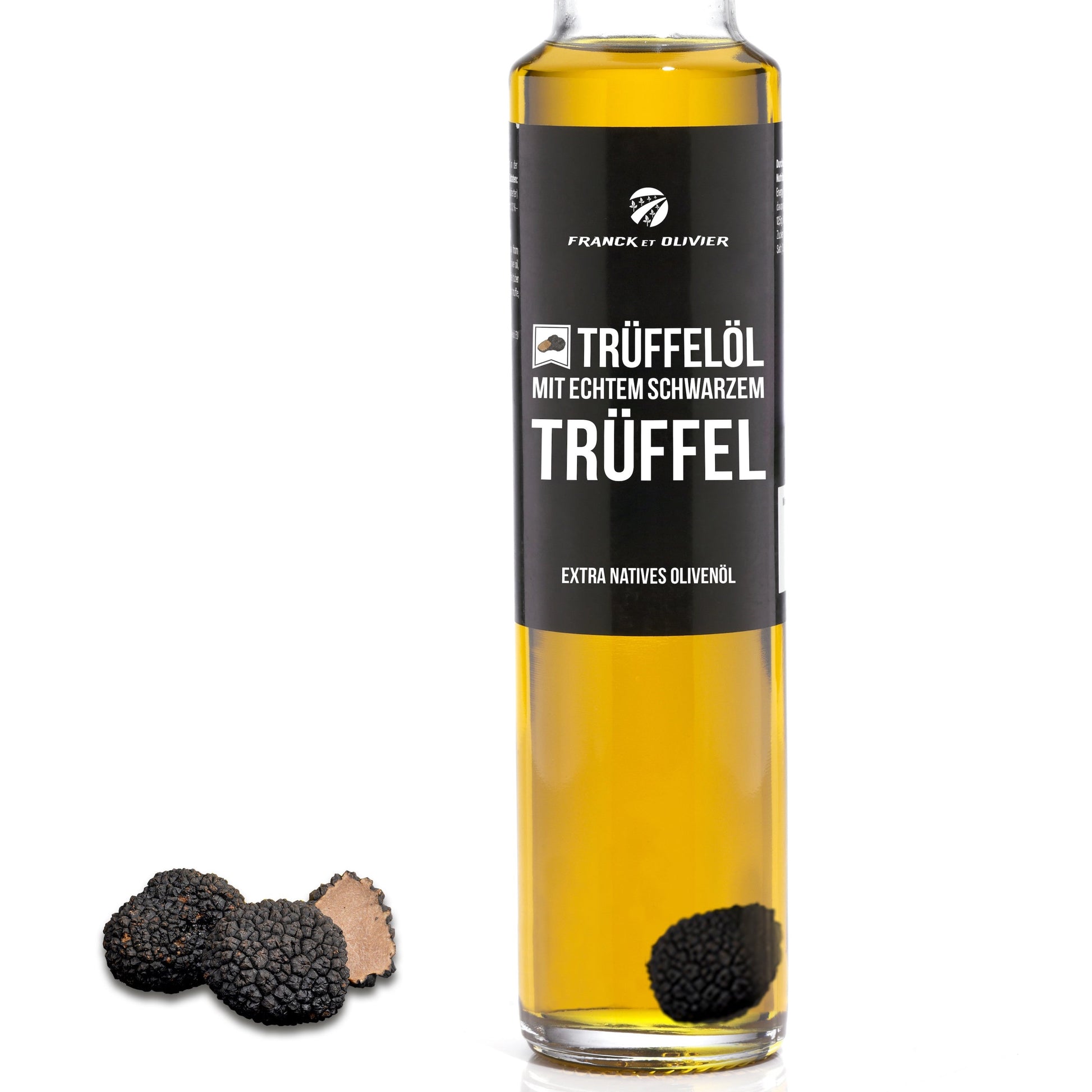 Trüffelöl mit ganzem schwarzem Trüffel. Olivenöl extra vergin – Franck et Olivier Delikatessen